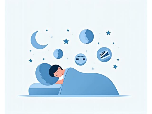 Osoba śpiąca, otoczona ikonami sennymi i wellness