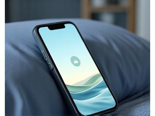 Smartfon wyświetlający aplikację do medytacji z symbolami spokoju i koncentracji, leżący na poduszce.