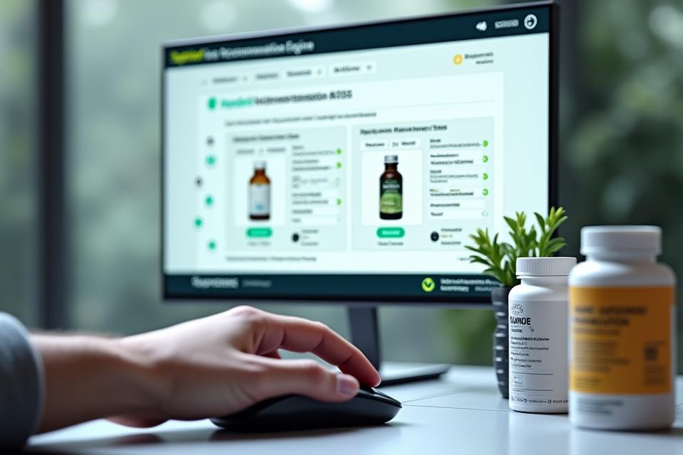 System rekomendacji suplementów wyświetlający spersonalizowane karty produktów na monitorze komputera.