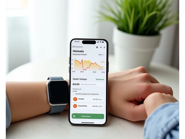 Zbliżenie na smartfon z otwartą aplikacją Geotermia Życia, wyświetlającą spersonalizowane statystyki zdrowotne, obok widoczny smartwatch.