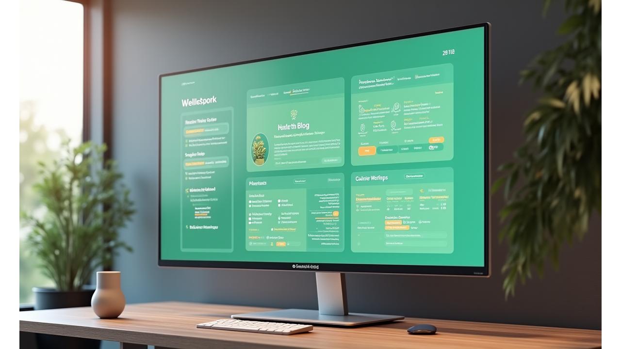 Platforma Geotermia Życia prezentująca zintegrowane usługi wellness, z ikonami symbolizującymi blog, personalizowane rekomendacje, warsztaty i społeczność.