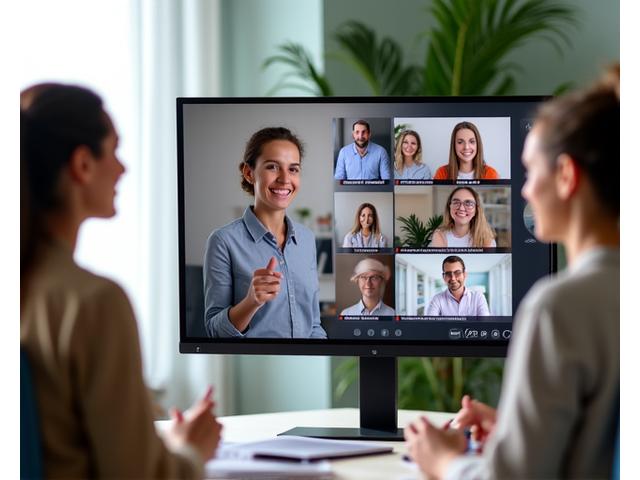 Grupa osób w różnym wieku, w tym dorośli 35+, uczestnicząca w dynamicznym warsztacie online na laptopach, z uśmiechniętym wellbeing coachem na ekranie.